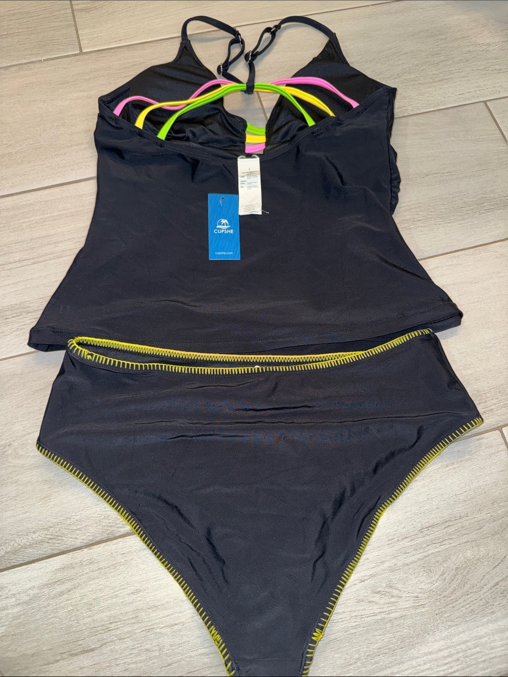 Cupshe Black Tankini Set with Multicolor Stripe Accent - Picture 4 of 5